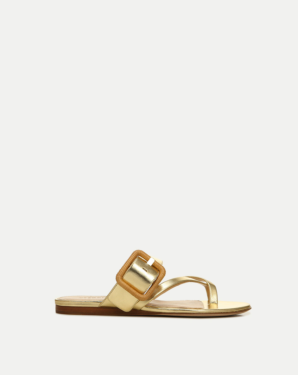 Metallic Leather Crisscross Sandals with Raffia Buckle | Salva