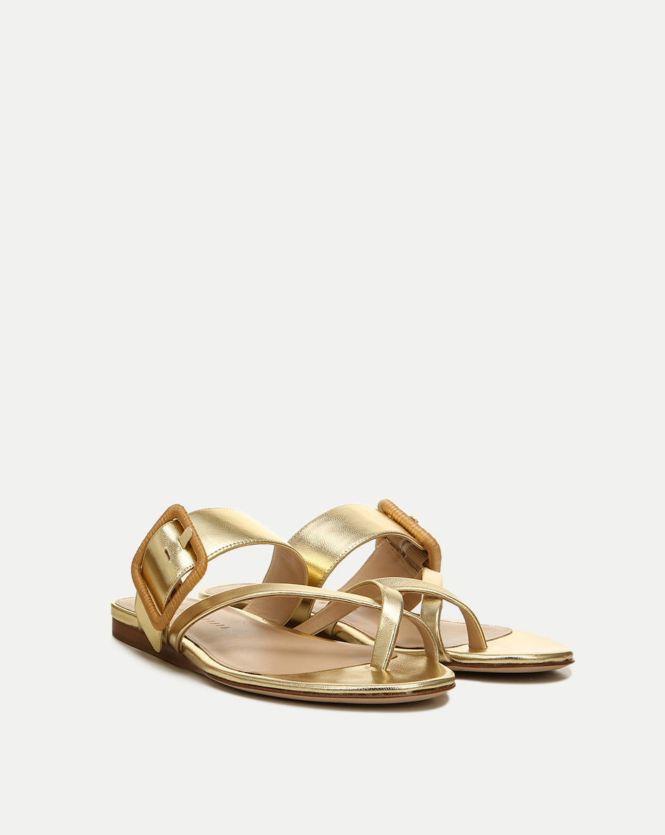 Metallic Leather Crisscross Sandals with Raffia Buckle | Salva