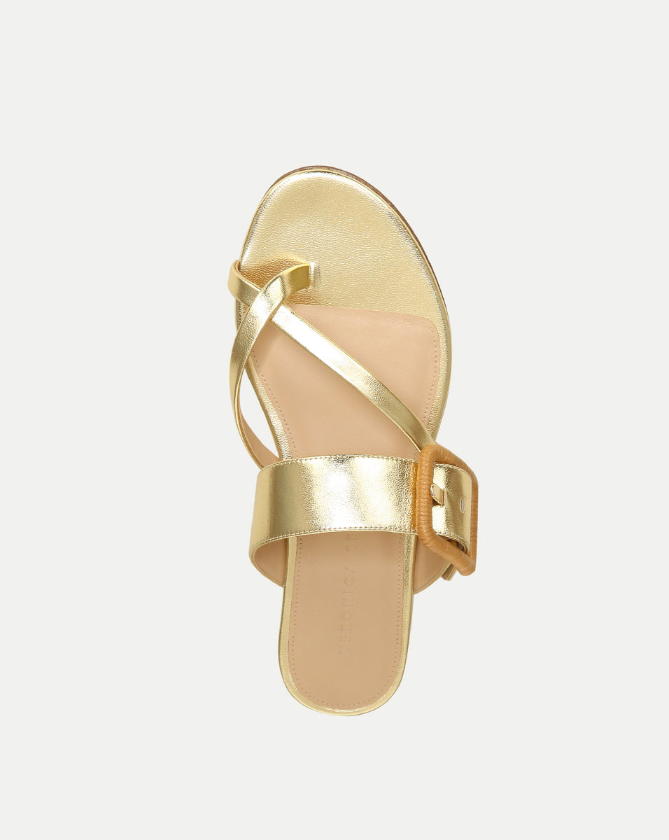 Metallic Leather Crisscross Sandals with Raffia Buckle | Salva