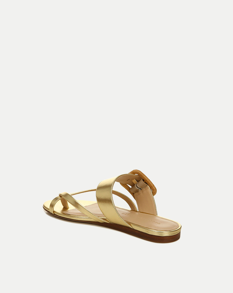 Metallic Leather Crisscross Sandals with Raffia Buckle | Salva