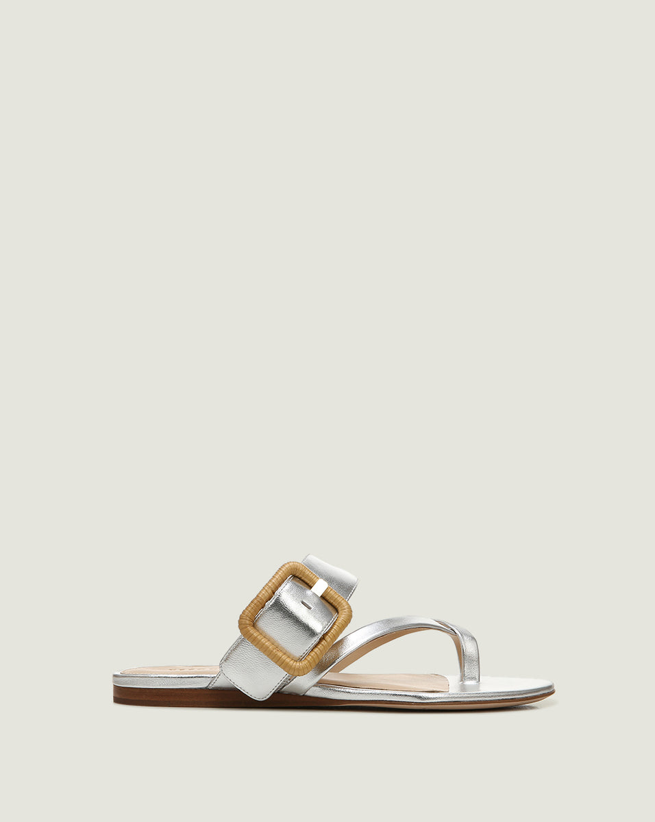Metallic Leather Crisscross Sandals with Raffia Buckle | Salva