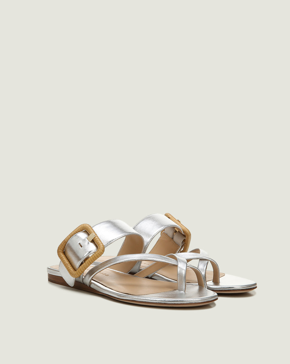 Metallic Leather Crisscross Sandals with Raffia Buckle | Salva