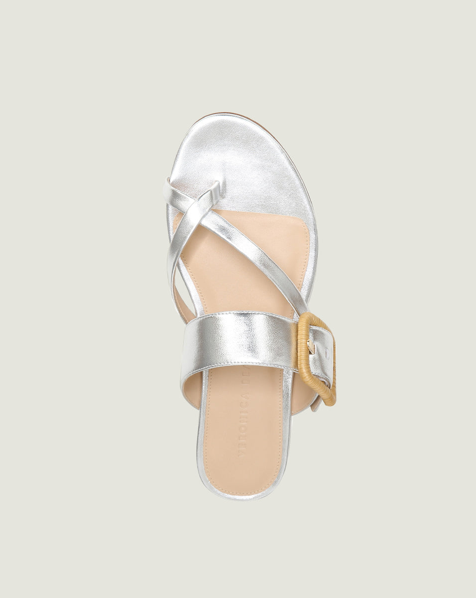 Metallic Leather Crisscross Sandals with Raffia Buckle | Salva