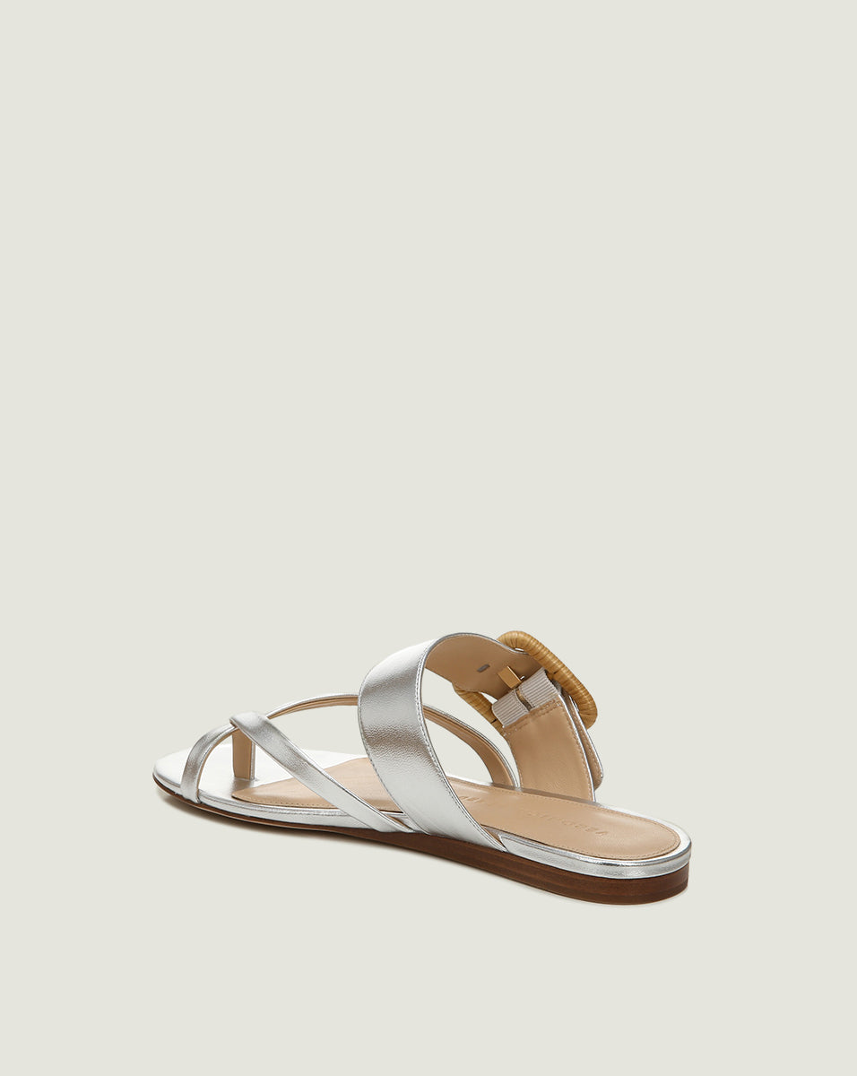 Metallic Leather Crisscross Sandals with Raffia Buckle | Salva