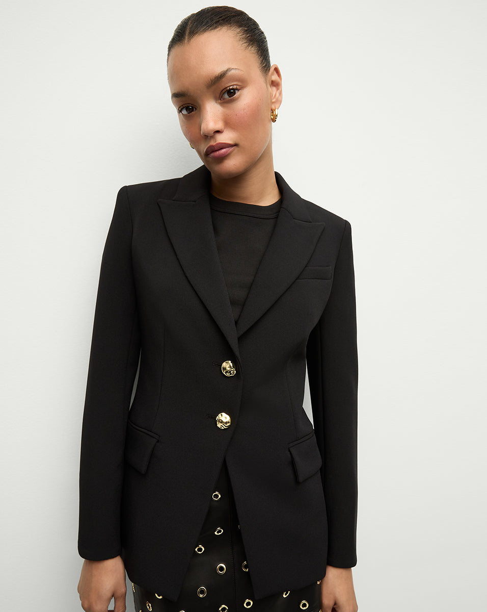 Slim Black Blazer with Gold Buttons & Waist-Defining Fit | Izara
