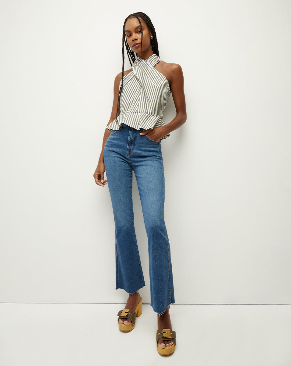 High-Rise Kick-Flare Jeans with Raw Hem | Carson Denim