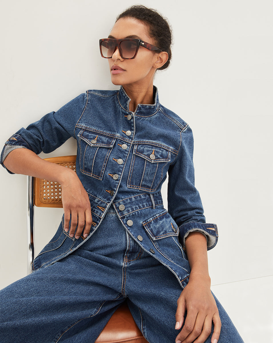 Women's Denim Jacket with Mandarin Collar & Belt Loops | Tika