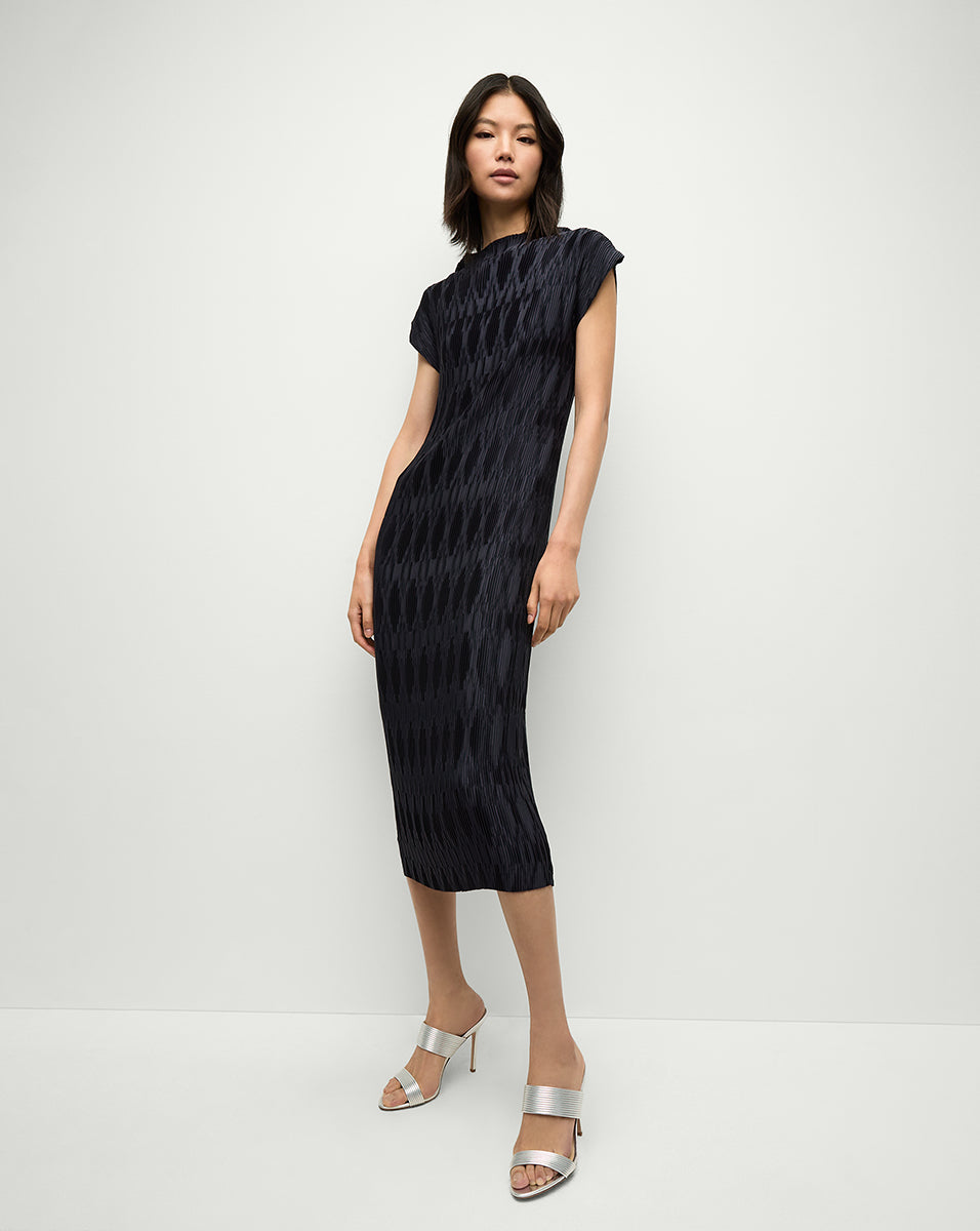 Pleated Midi Dress with Cap Sleeves & Funnel Neck | Gramercy