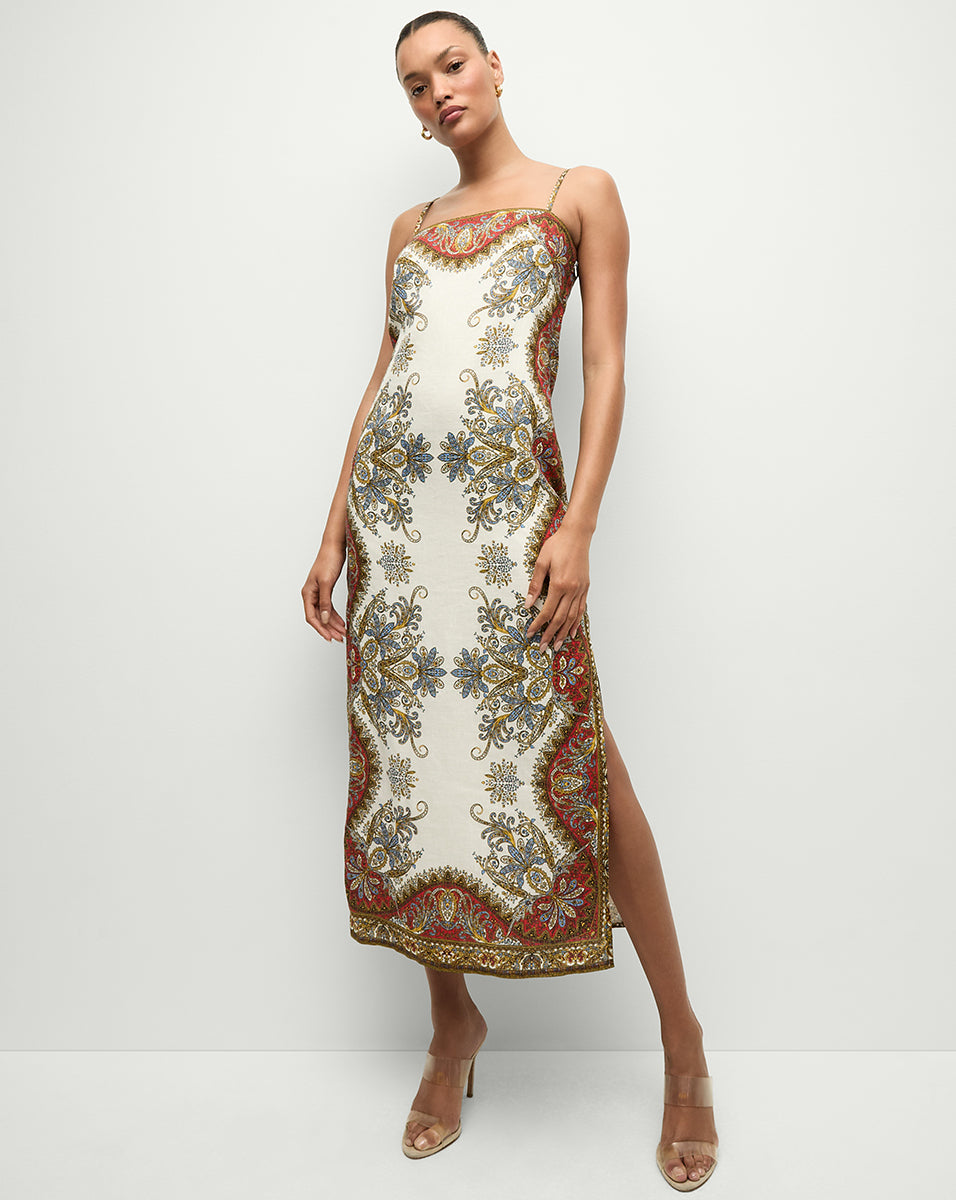 Linen Maxi Dress with Floral Print & Adjustable Straps | Petra