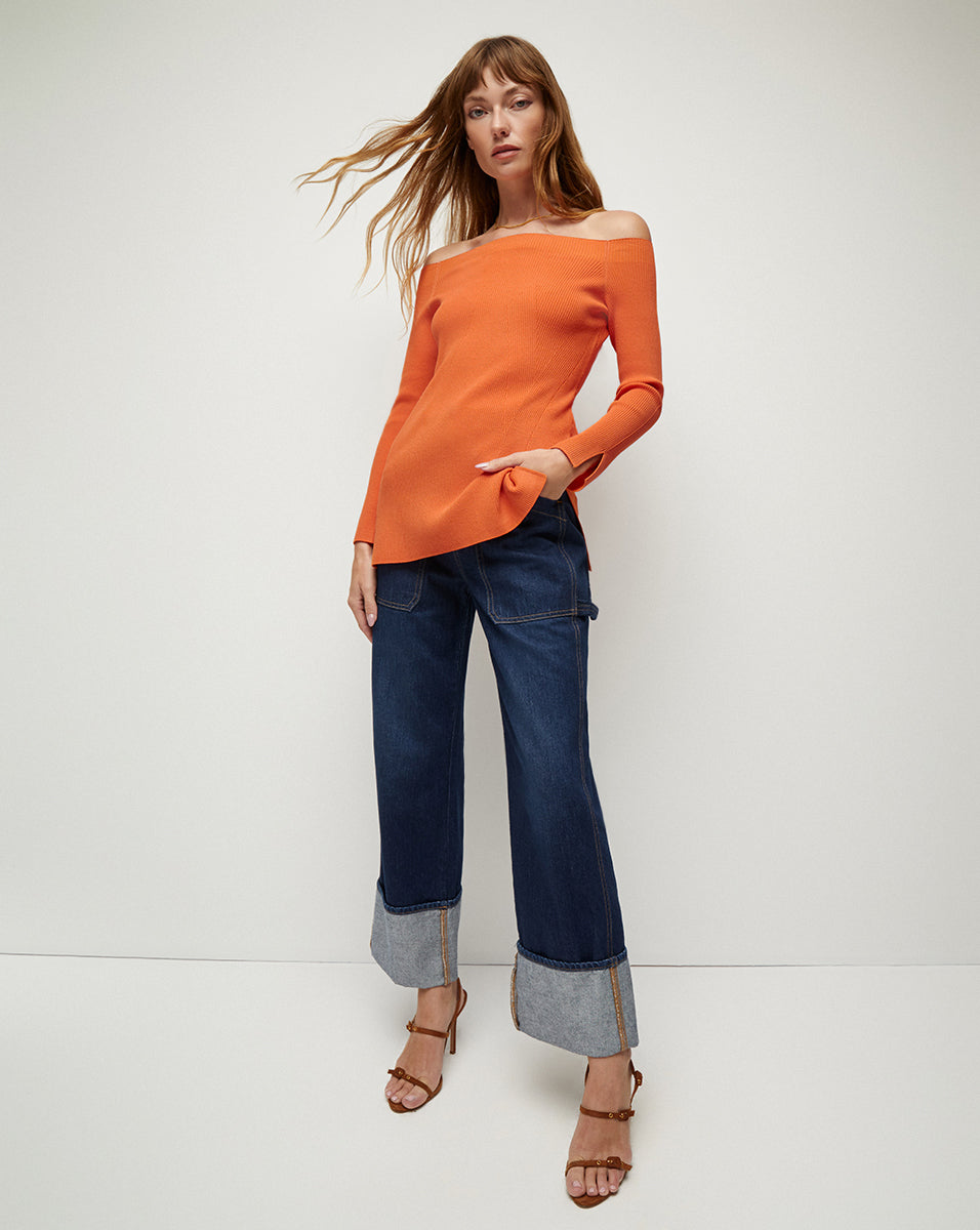 Ribbed Off-Shoulder Pullover in Tangerine | Derick Knit Top
