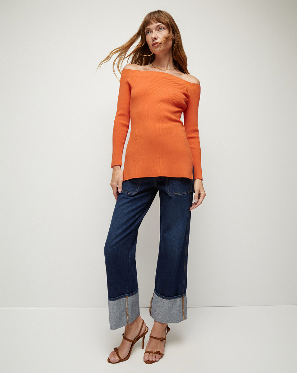 Ribbed Off-Shoulder Pullover in Tangerine | Derick Knit Top