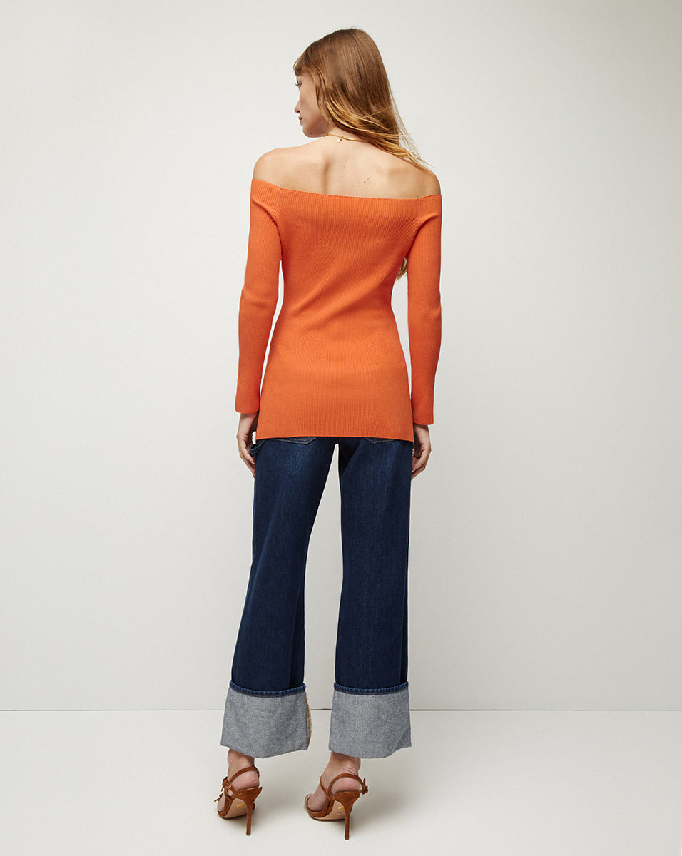 Ribbed Off-Shoulder Pullover in Tangerine | Derick Knit Top