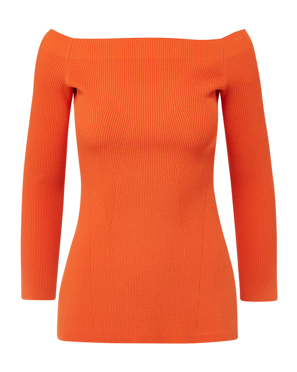 Ribbed Off-Shoulder Pullover in Tangerine | Derick Knit Top