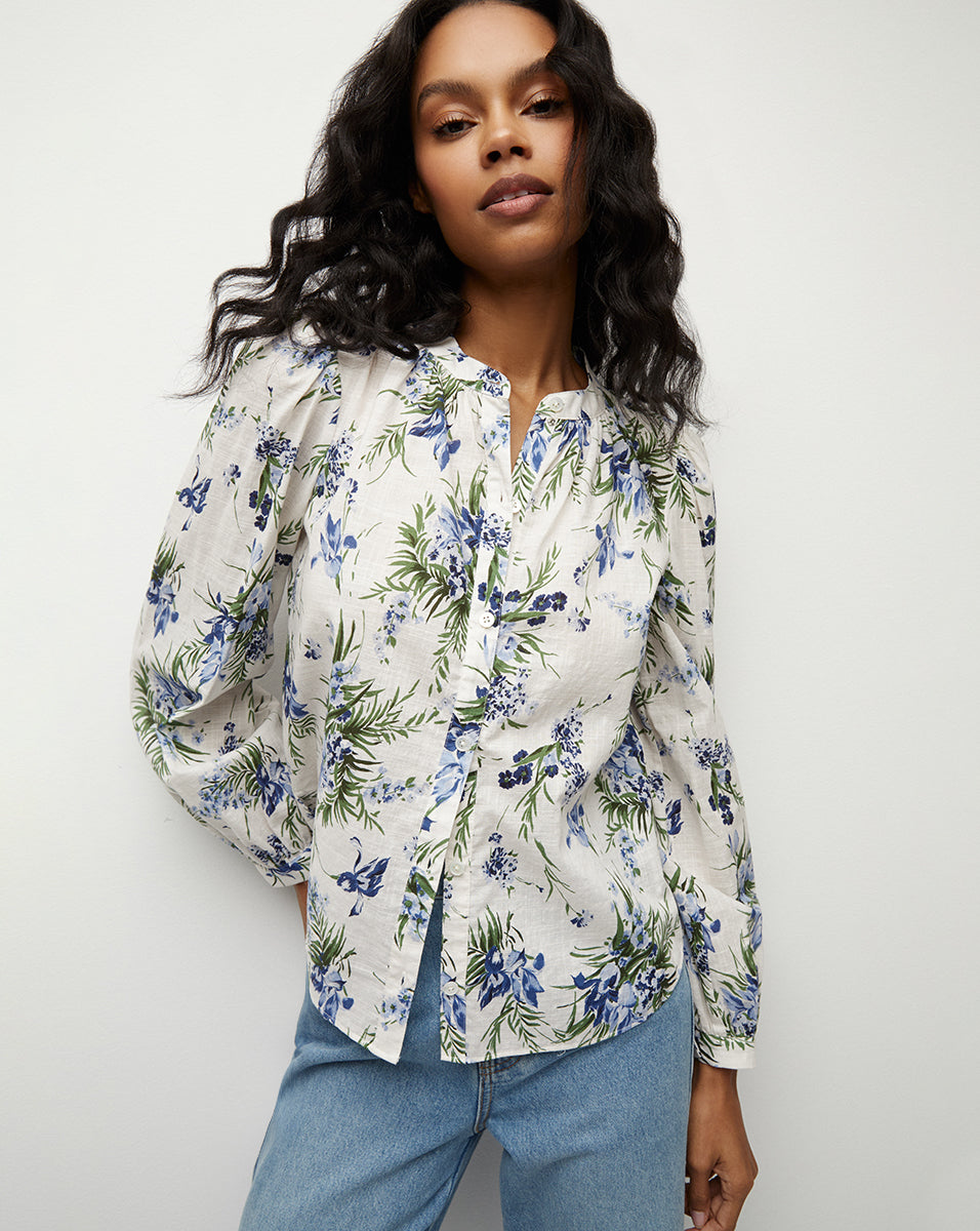 Floral Cotton Blouse with Front Pleating & Blouson Sleeves | Ashlynn