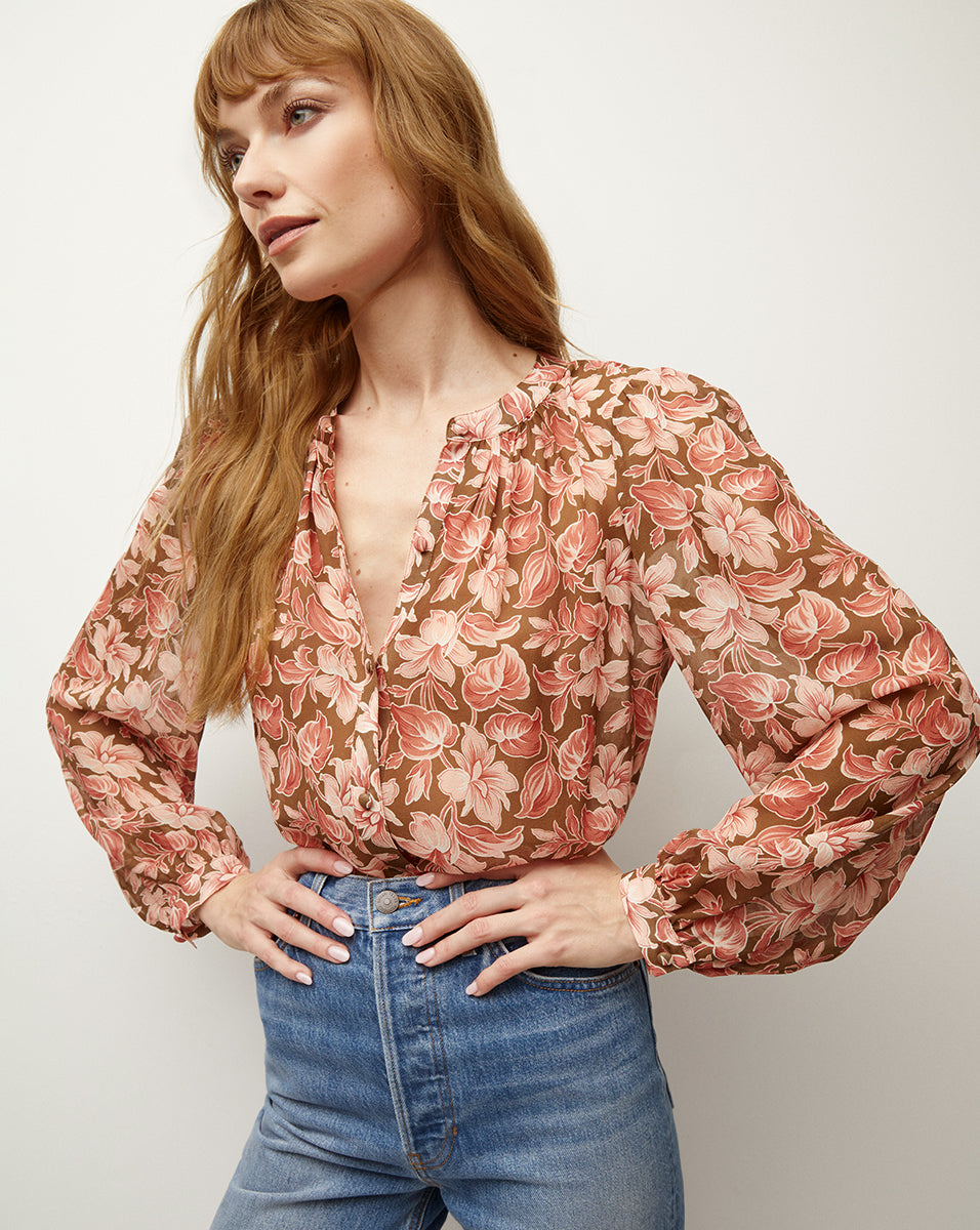 Silk Blouse with Floral Print & Blouson Sleeves | Ashlynn