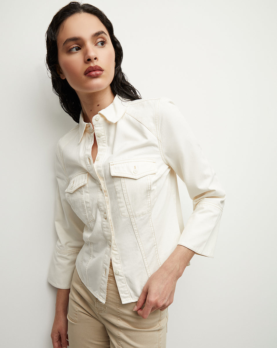 Denim Shirt for Women with Exaggerated Sleeves & Waist Cinching | Tivi