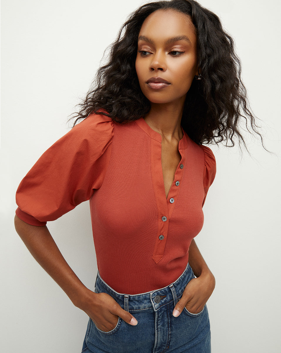 Puff-Sleeve Button-Down Top with V-Neck | Coralee