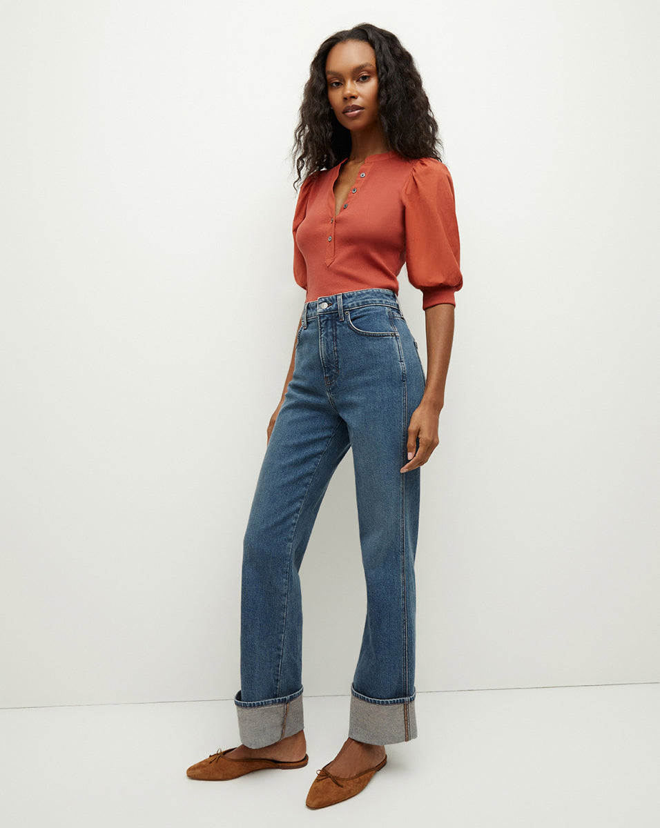 Puff-Sleeve Button-Down Top with V-Neck | Coralee