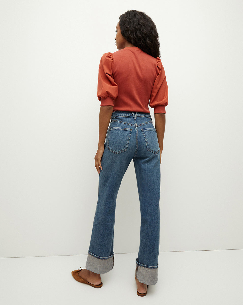 Puff-Sleeve Button-Down Top with V-Neck | Coralee