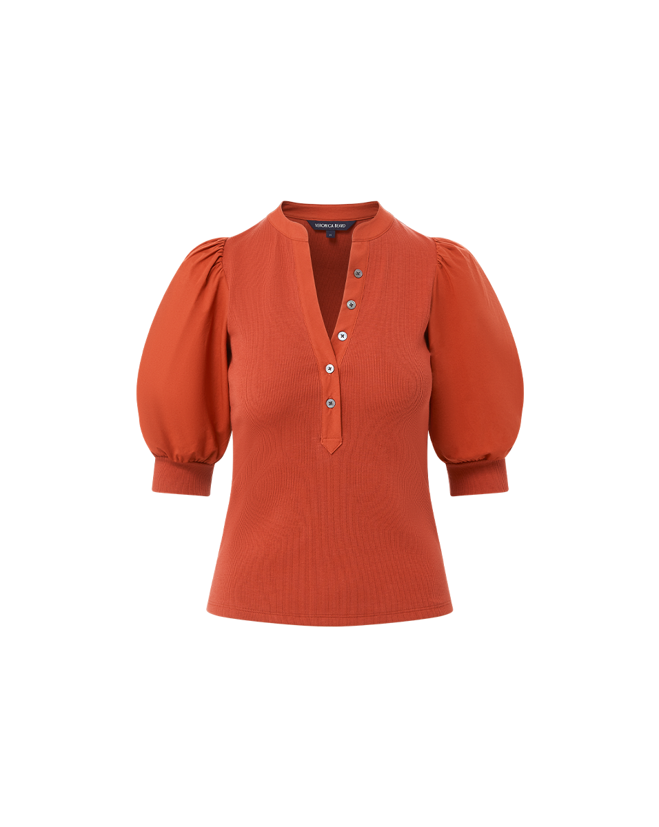 Puff-Sleeve Button-Down Top with V-Neck | Coralee