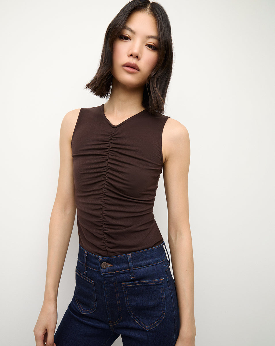Silk-Like V-Neck Sleeveless Top with Ruching | Neeta