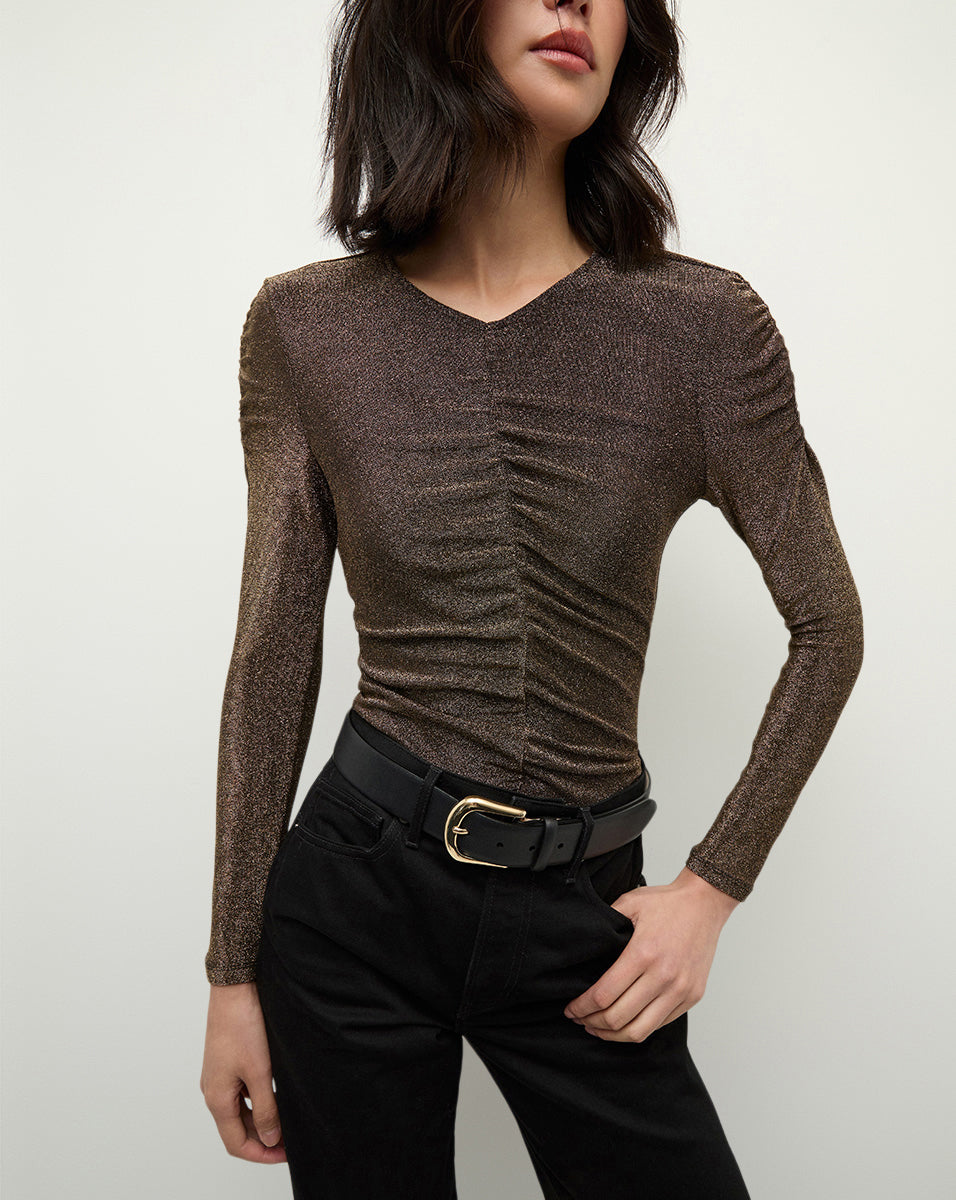 Gold Metallic Slim Fit Long Sleeve Top | Neeta