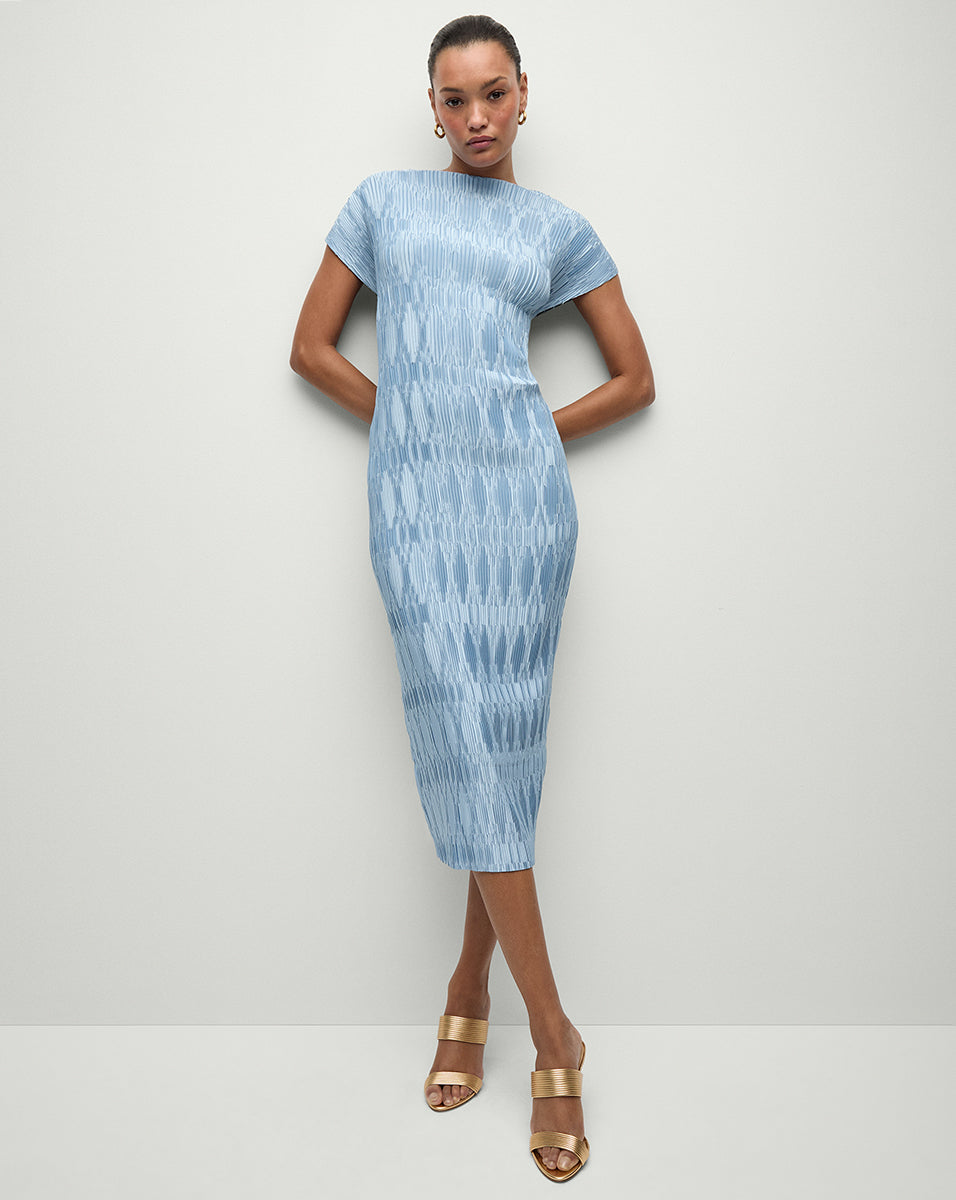 Pleated Midi Dress with Cap Sleeves & Funnel Neck | Gramercy