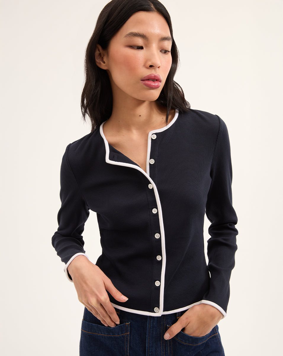 Women's Slim Fit Cotton Cardigan with Contrast Piping | Wilmer