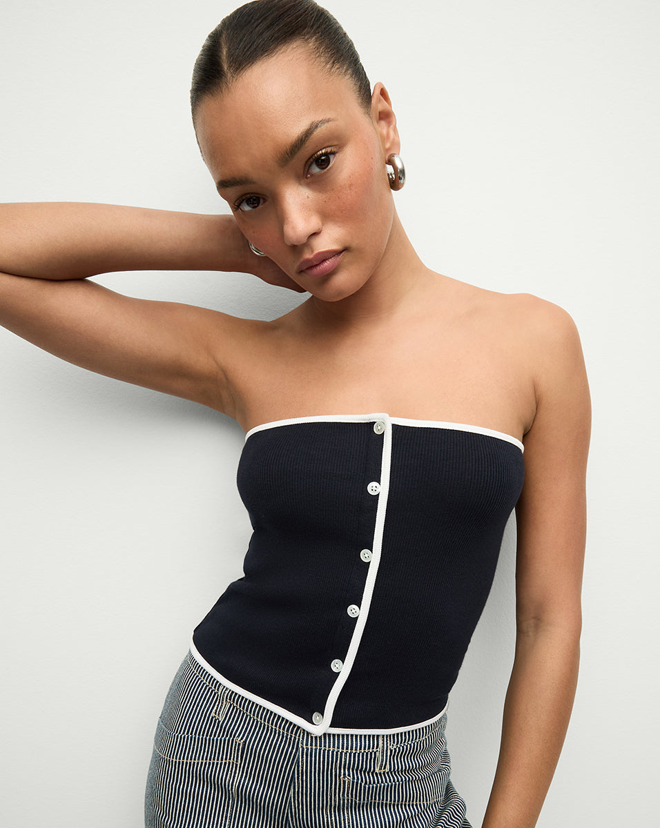 Stretch Cotton Knit Tube Top with Contrast Piping | Valley