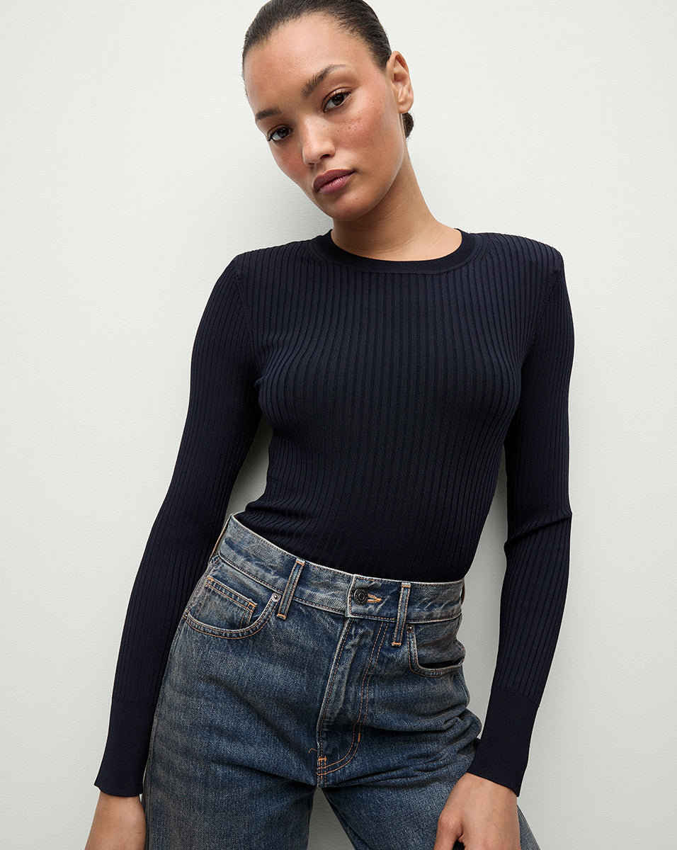 Ribbed Pullover with Shoulder Pads & Waist Cinching | Acara