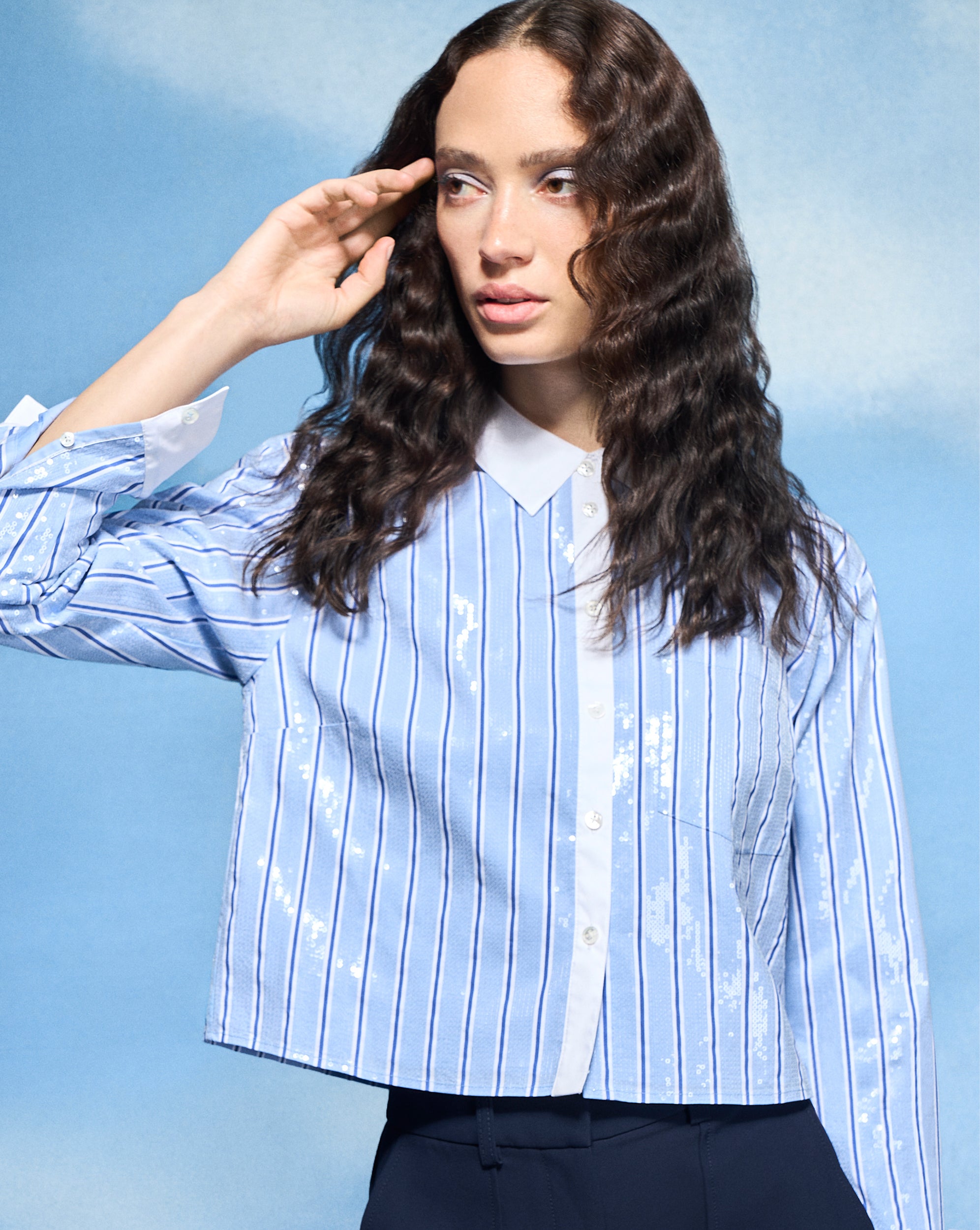 Sequin Striped Shirt with Glittering Detail | Maia Cropped Top