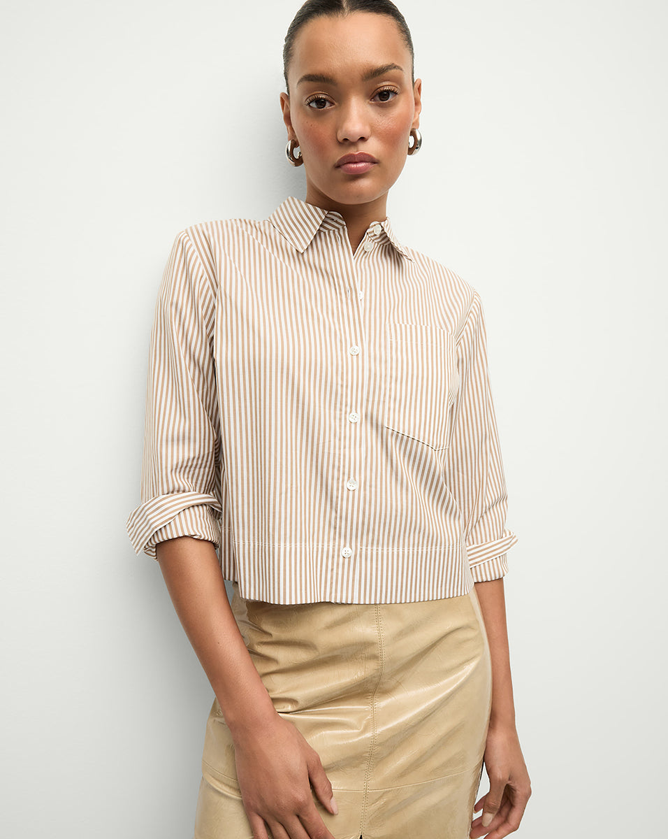 Striped Cotton Shirt with Chest Pocket & Cropped Fit | Maia