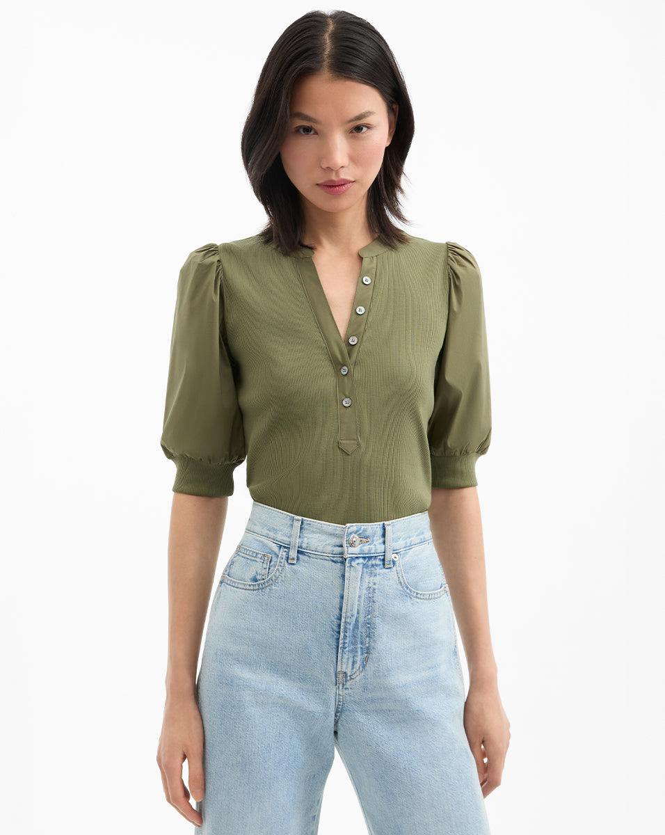 Puff-Sleeve Button-Down Tee with V-Neck | Coralee