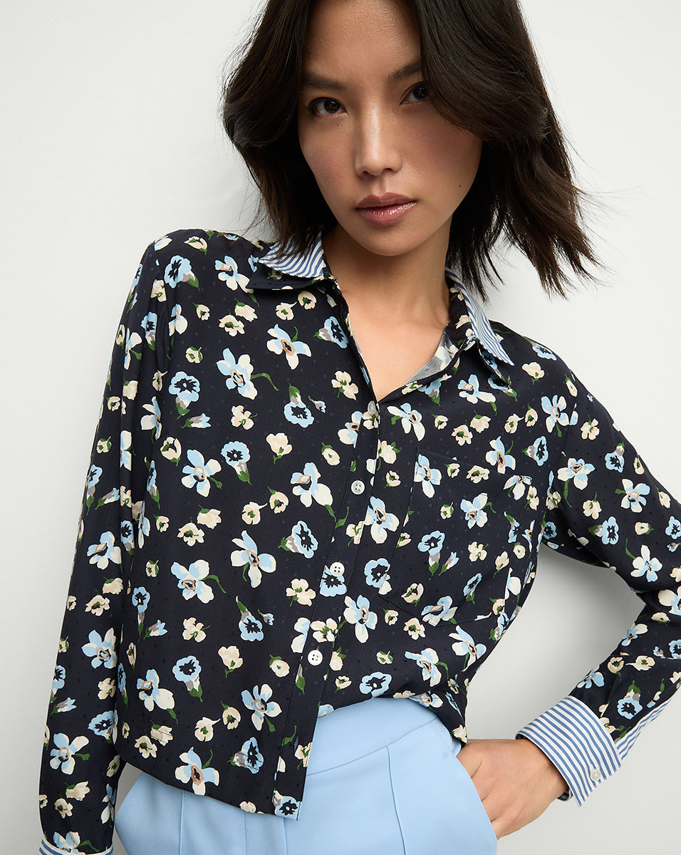 Floral Silk Shirt with Double Collar & Striped Cuffs | Maia