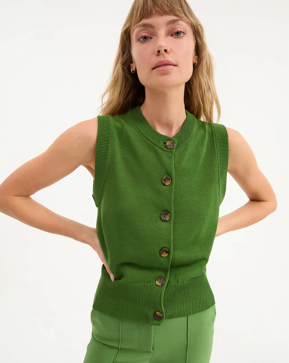 Green Cotton Sweater Vest with Tortoiseshell Buttons | Percy