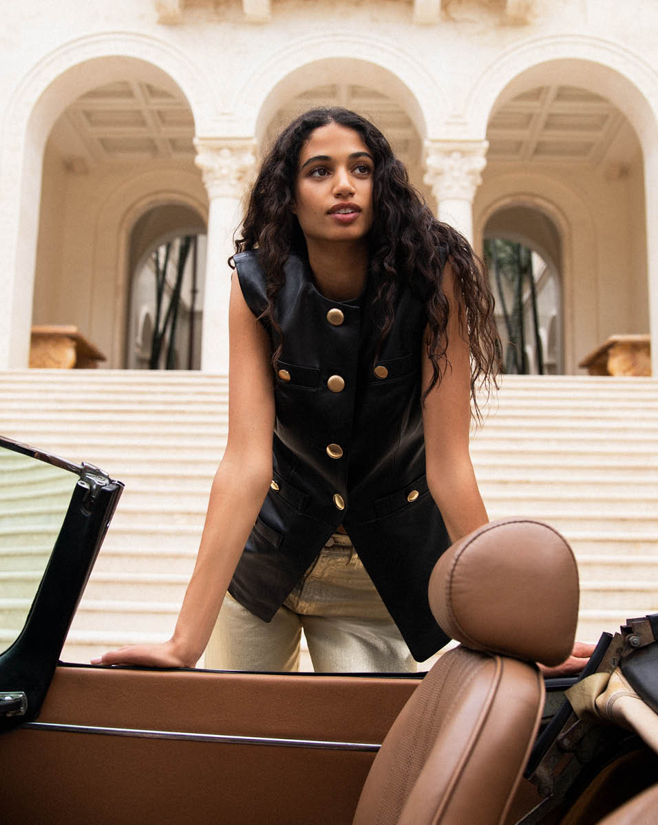 Women's Leather Vest with Angled Hem & Welt Pockets | Tamara