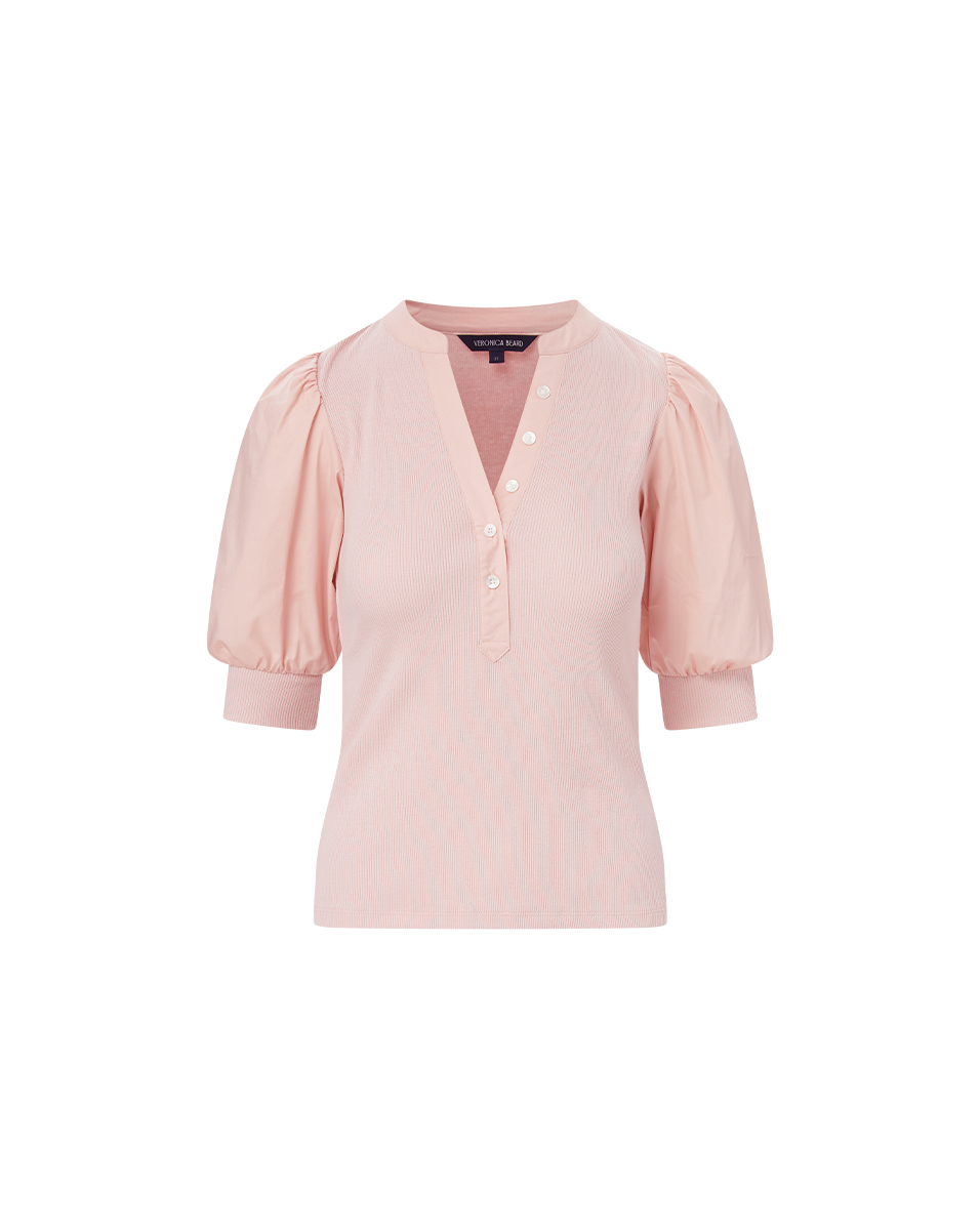 Puff-Sleeve Button-Down Top with V-Neck | Coralee