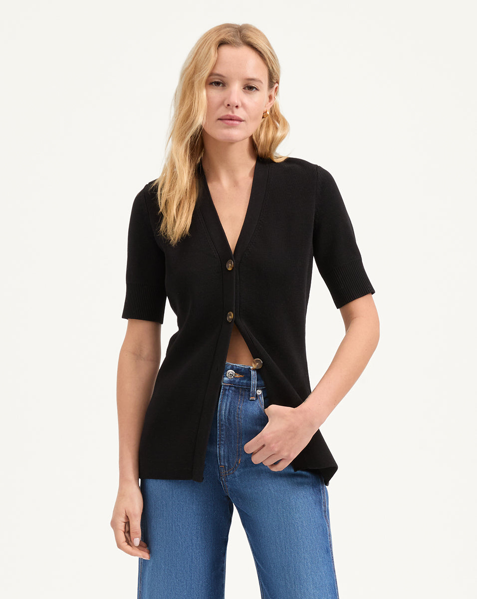 Lightweight Cotton V-Neck Cardigan with Elbow Sleeves | Wrenley