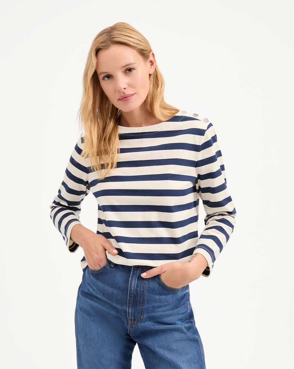 Long-Sleeve Striped Boat Neck Top | Hovey Relaxed Fit Tee