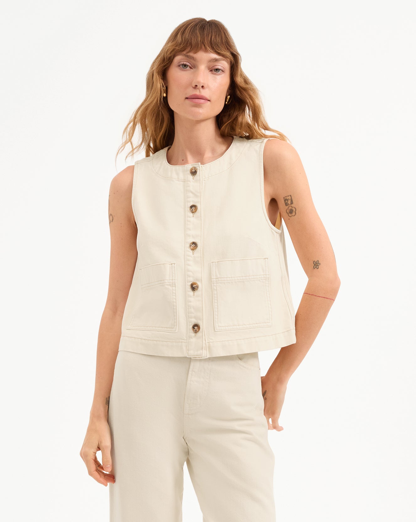 Off-White Denim Vest for Women | Collarless & Relaxed Fit | Ording