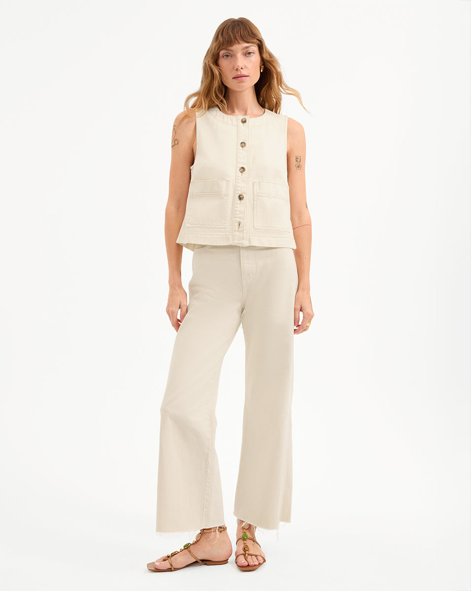 Off-White Denim Vest for Women | Collarless & Relaxed Fit | Ording