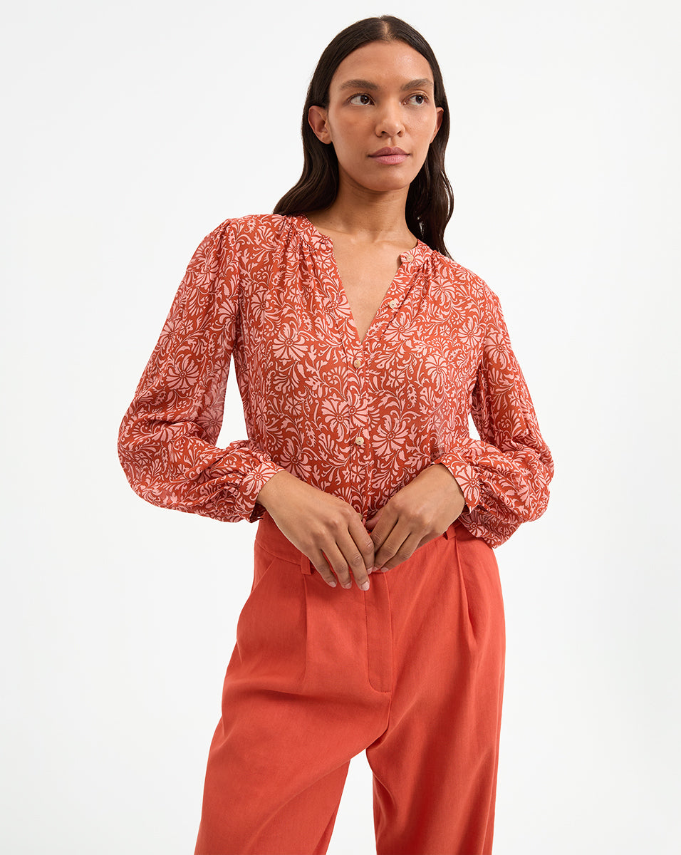 Silk Blouse with Floral Print & Blouson Sleeves | Ashlynn