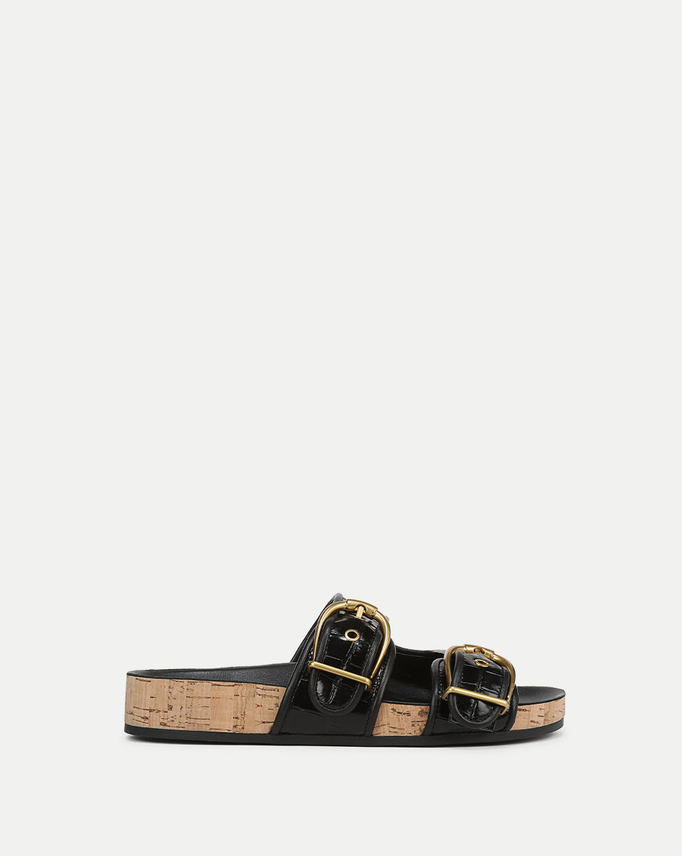 Croc-Embossed Leather Sandals with Gold Buckles | Prue