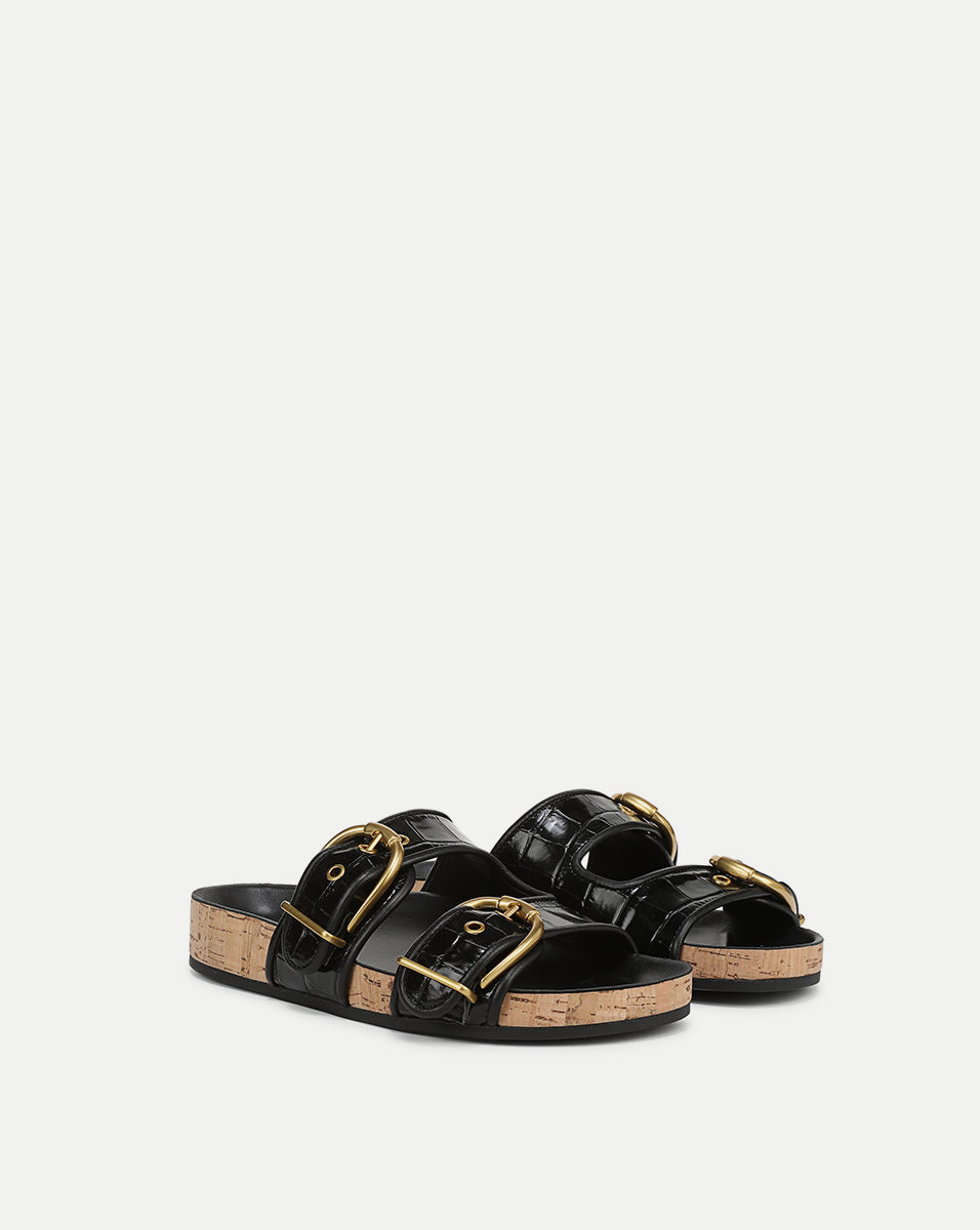 Croc-Embossed Leather Sandals with Gold Buckles | Prue
