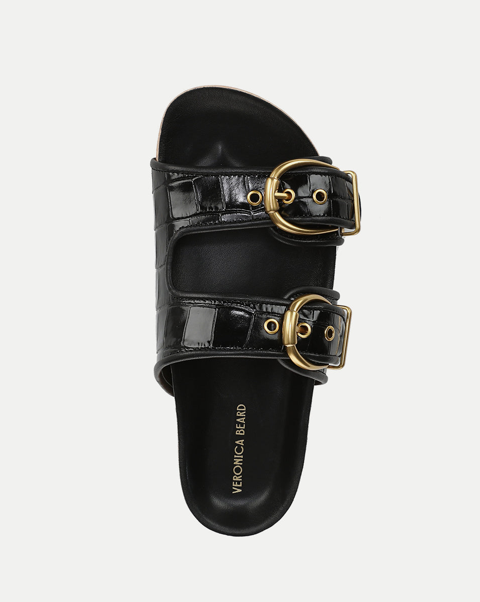 Croc-Embossed Leather Sandals with Gold Buckles | Prue