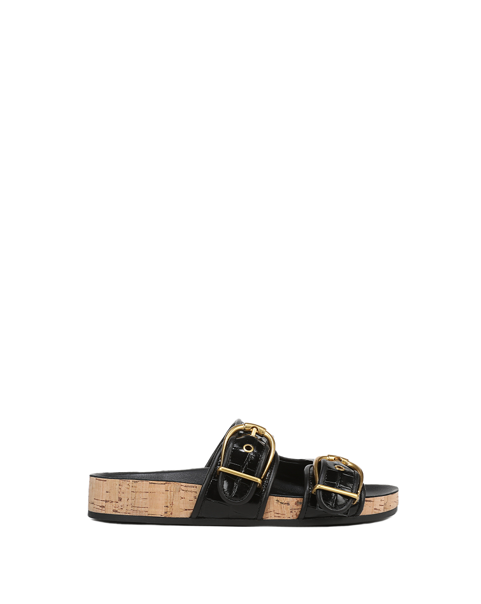 Croc-Embossed Leather Sandals with Gold Buckles | Prue