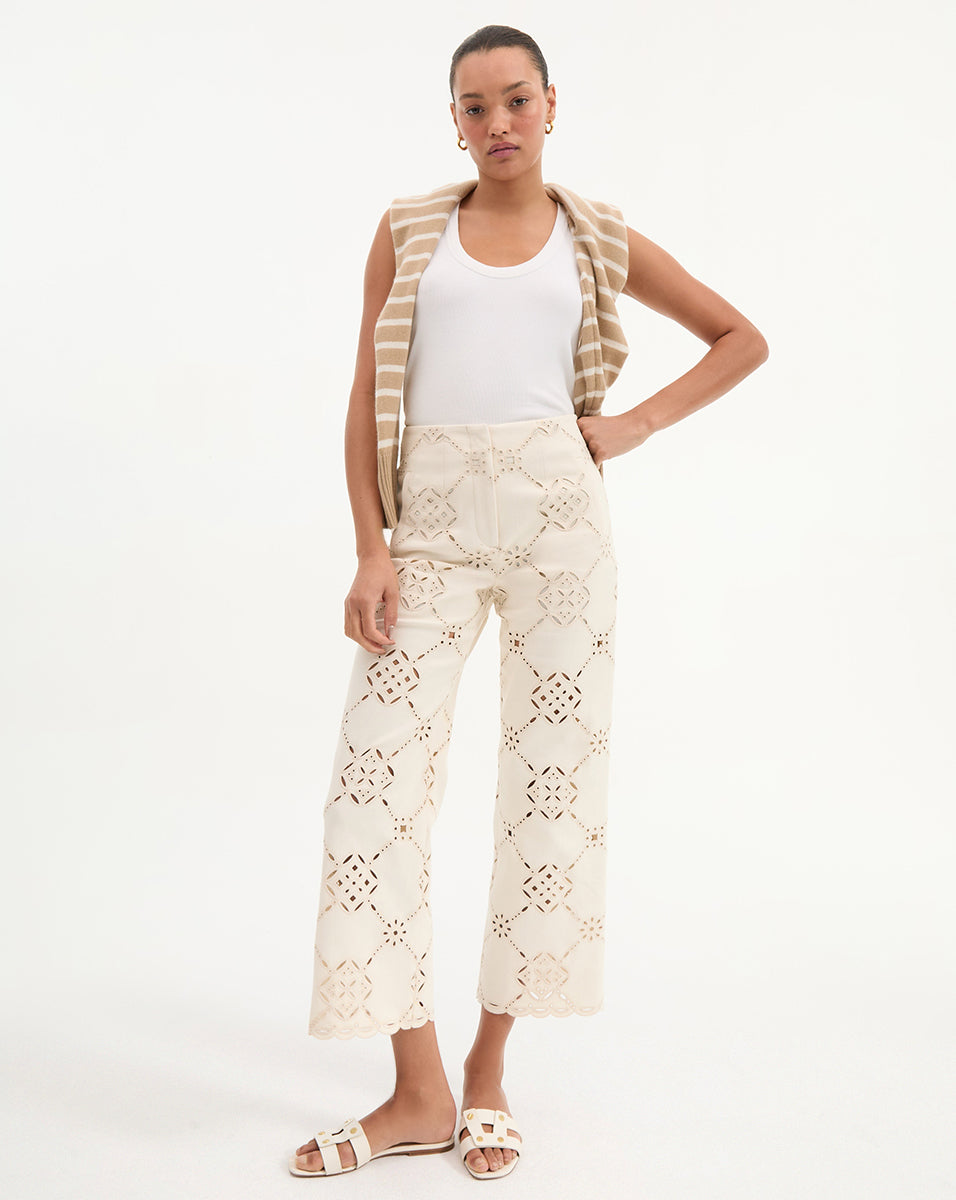 High-Rise Wide-Leg Eyelet Pants | Dova Cotton Scalloped Hem