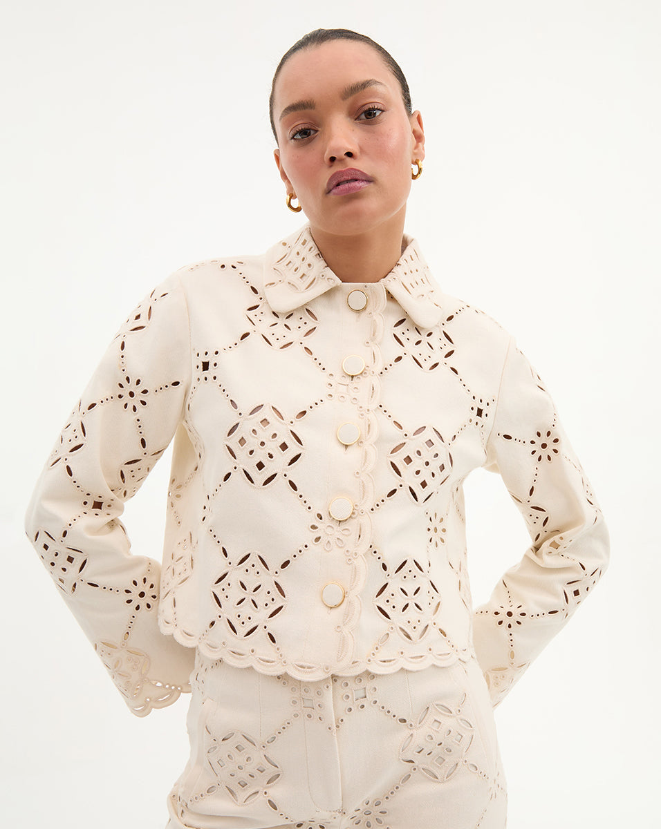 White Cotton Eyelet Jacket with Scalloped Edges | Adelaide