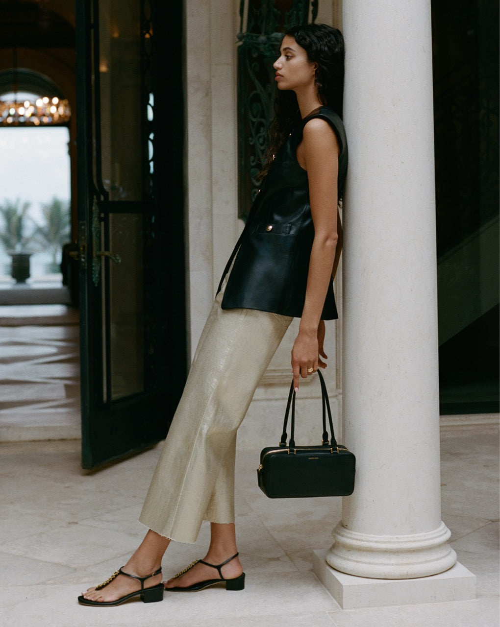 Leather Chain-Link Sandals with Block Heel | Andie
