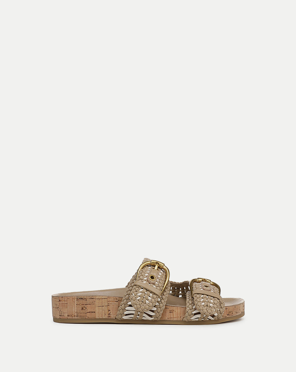 Woven-Leather Sandals with Cork Sole & Gold Buckles | Prue
